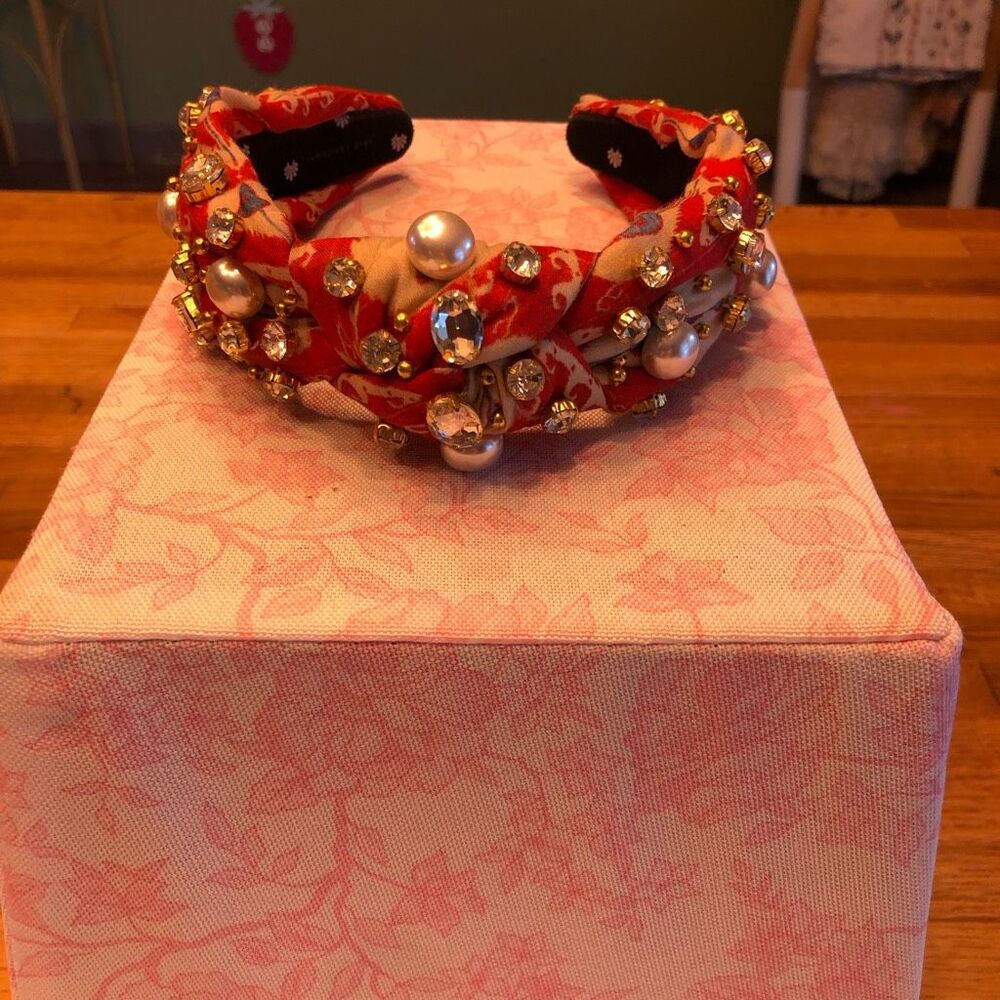Lele Sadoughi Womens Faux Pearl Beads Crystal Knotted Headband Red Gold One Size